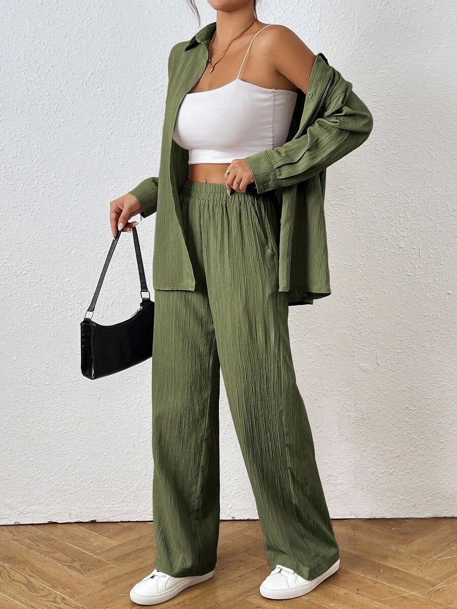 Petite Black Two Piece Office Set Blouse And Pants With Single Breasted Button Front