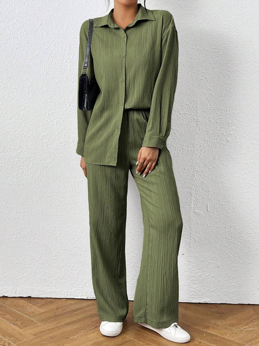 Petite Black Two Piece Office Set Blouse And Pants With Single Breasted Button Front