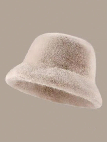 Plush Autumn Windproof Bucket Hat For Women Solid Color Casual Polyester Warm Winter Cap