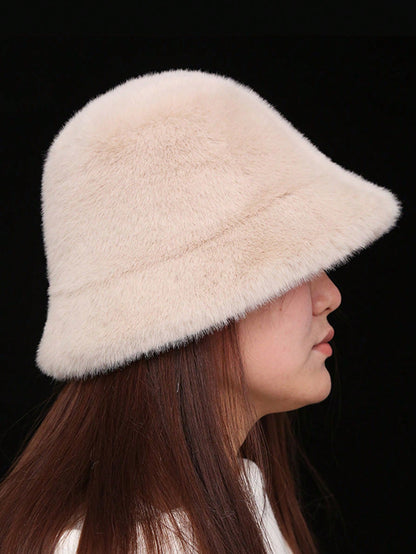 Plush Autumn Windproof Bucket Hat For Women Solid Color Casual Polyester Warm Winter Cap