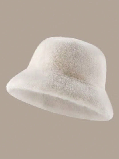 Plush Autumn Windproof Bucket Hat For Women Solid Color Casual Polyester Warm Winter Cap