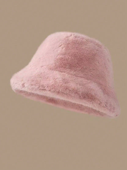 Plush Autumn Windproof Bucket Hat For Women Solid Color Casual Polyester Warm Winter Cap