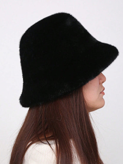 Plush Autumn Windproof Bucket Hat For Women Solid Color Casual Polyester Warm Winter Cap