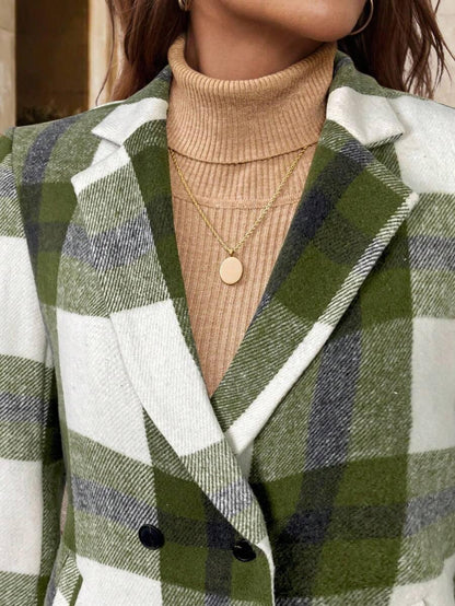 Timeless Plaid Wool Coat Turndown Collar Double Breasted