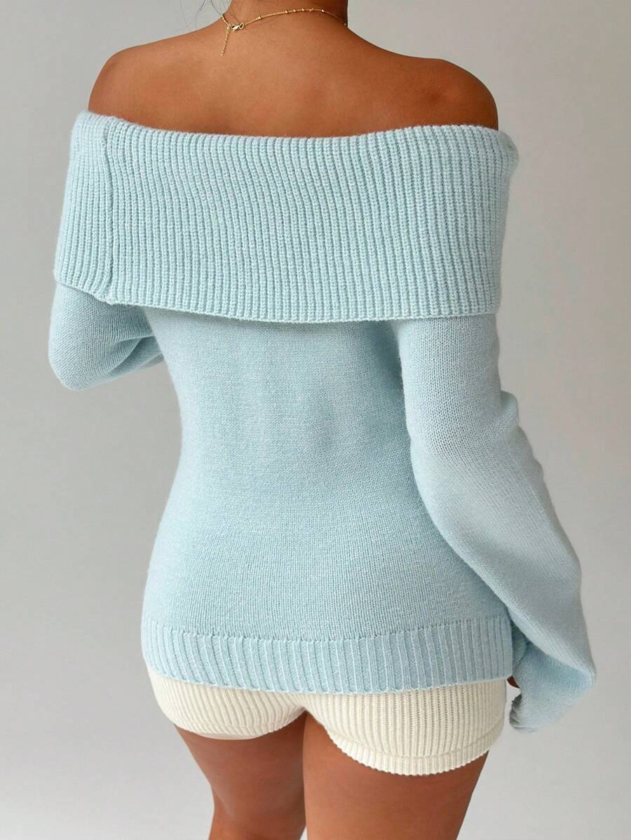 Off Shoulder Foldover Ribbed Knit Jumper