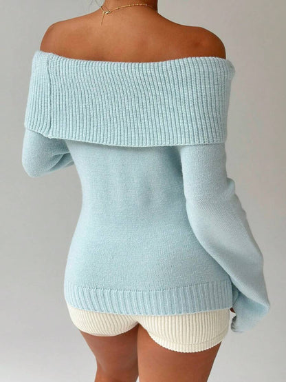 Off Shoulder Foldover Ribbed Knit Jumper