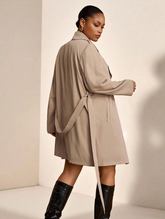 Plus Size Trench Coat Two Piece Belted Beige Minimalist