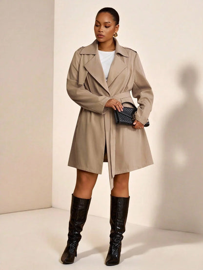 Plus Size Trench Coat Two Piece Belted Beige Minimalist