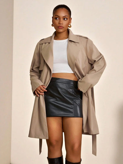 Plus Size Trench Coat Two Piece Belted Beige Minimalist
