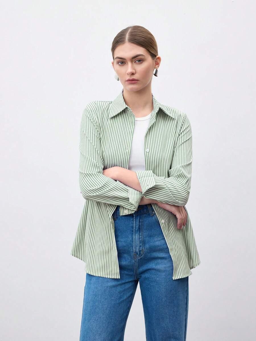 Front Button-Down Long Sleeve Shirt Versatile Elegant Chic