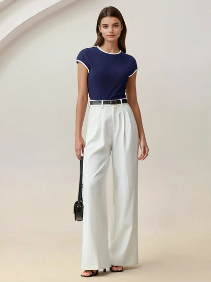 Contrast Trim Round Neck Short Sleeve Tee All Day Comfort