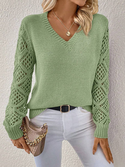 Open Knit V Neck Sweater Drop Shoulder Long Sleeve