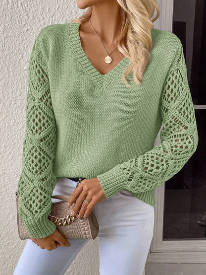 Open Knit V Neck Sweater Drop Shoulder Long Sleeve