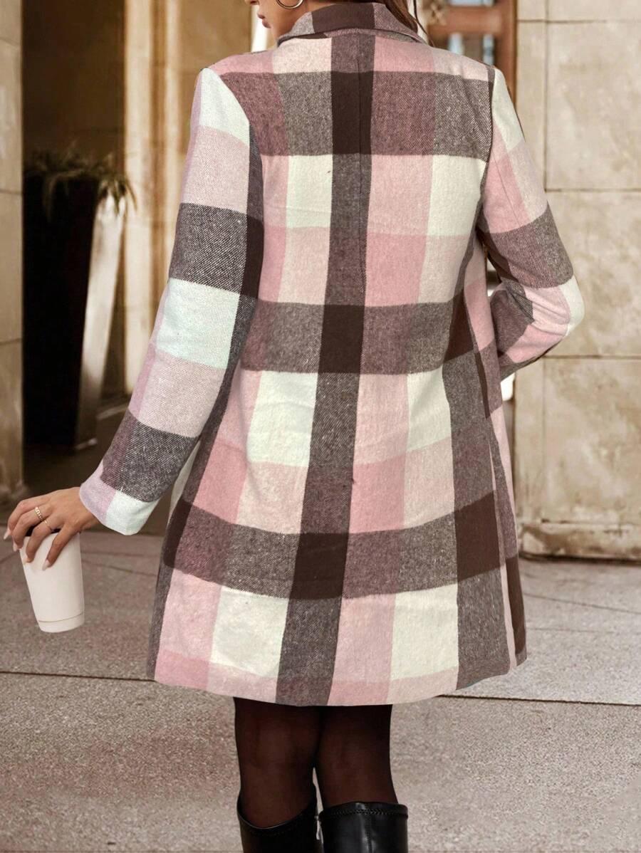 Timeless Plaid Wool Coat Turndown Collar Double Breasted
