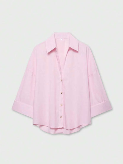 Sky Blue Button Front Shirt For Women Casual Office Everyday Wear Versatile Daily Shirt