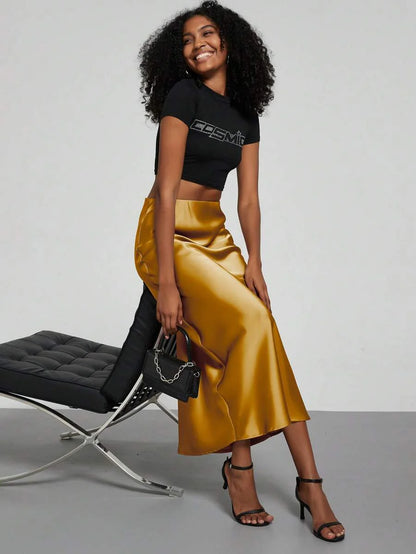 Elastic Satin Maxi Skirt