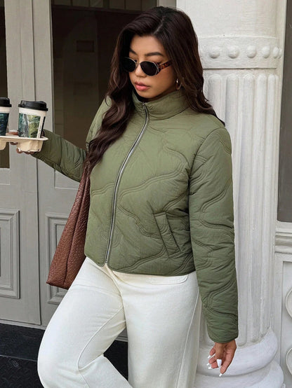 Plus Size Zipper Front Winter Jacket Solid Green Lined