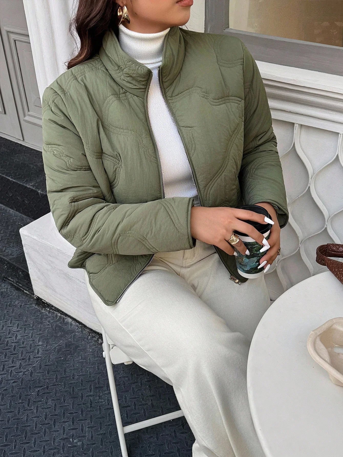 Plus Size Zipper Front Winter Jacket Solid Green Lined