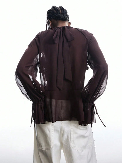 Brown Ruffle Sleeve Tie Neck Blouse Casual Chic Flare Top