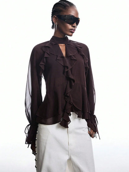 Brown Ruffle Sleeve Tie Neck Blouse Casual Chic Flare Top