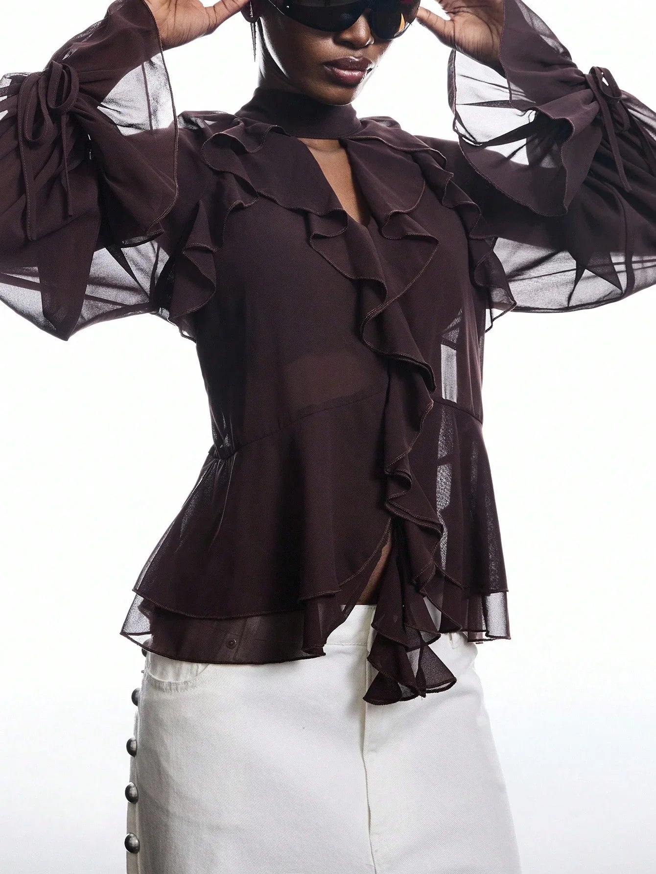 Brown Ruffle Sleeve Tie Neck Blouse Casual Chic Flare Top