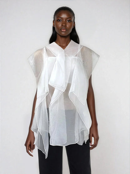 Ruffle Trim Boho Mesh Patchwork Blouse Button Front Casual