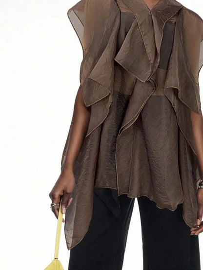 Ruffle Trim Boho Mesh Patchwork Blouse Button Front Casual