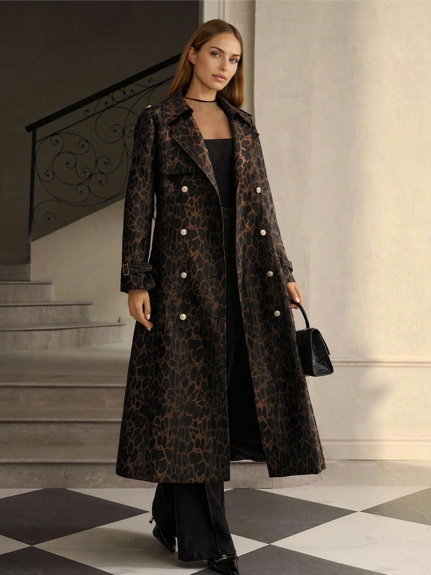 Leopard Print Trench Coat With Waist Belt Relaxed Fit