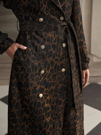 Leopard Print Trench Coat With Waist Belt Relaxed Fit
