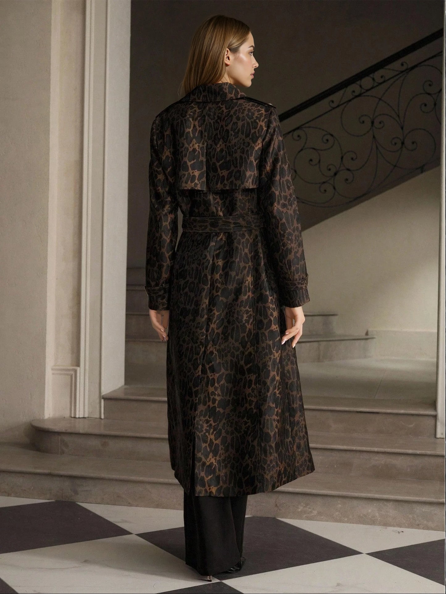 Leopard Print Trench Coat With Waist Belt Relaxed Fit