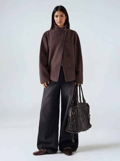 Minimalist Wool Blend Jacket Double Breasted With Pockets