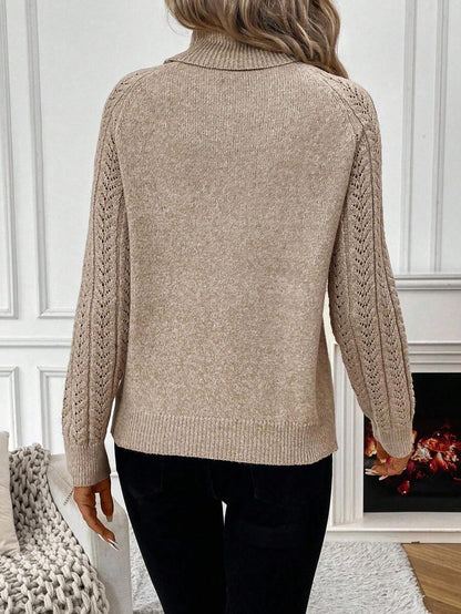 White Pointelle Hollow Out Raglan Sleeve Pullover Sweater Cozy Winter Casual Knit For Daily Wear