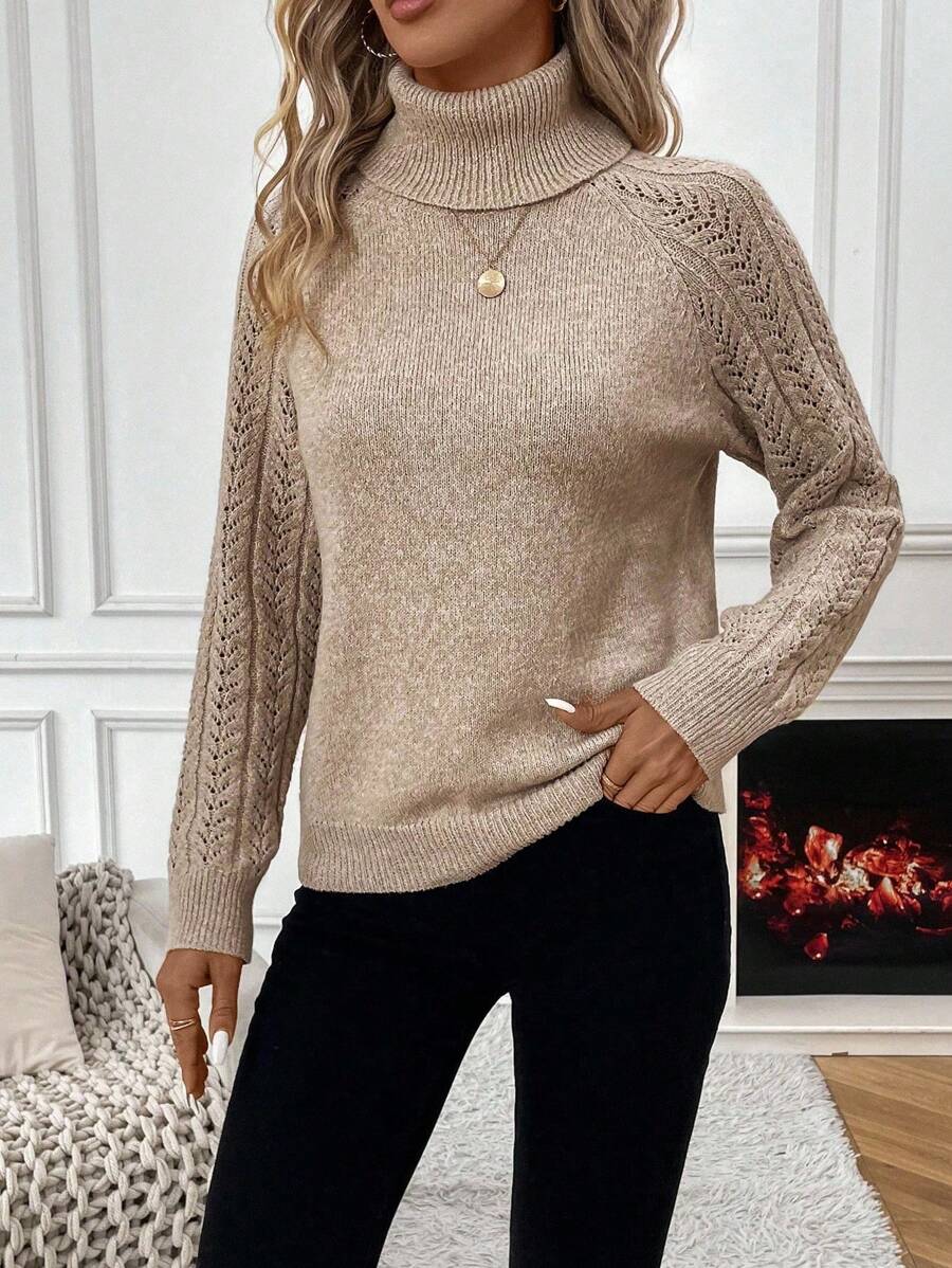 White Pointelle Hollow Out Raglan Sleeve Pullover Sweater Cozy Winter Casual Knit For Daily Wear