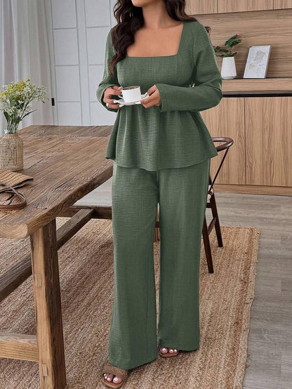 Plus Size Army Green Square Neck Two Piece Set Comfort