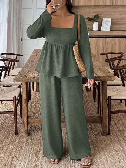 Plus Size Army Green Square Neck Two Piece Set Comfort