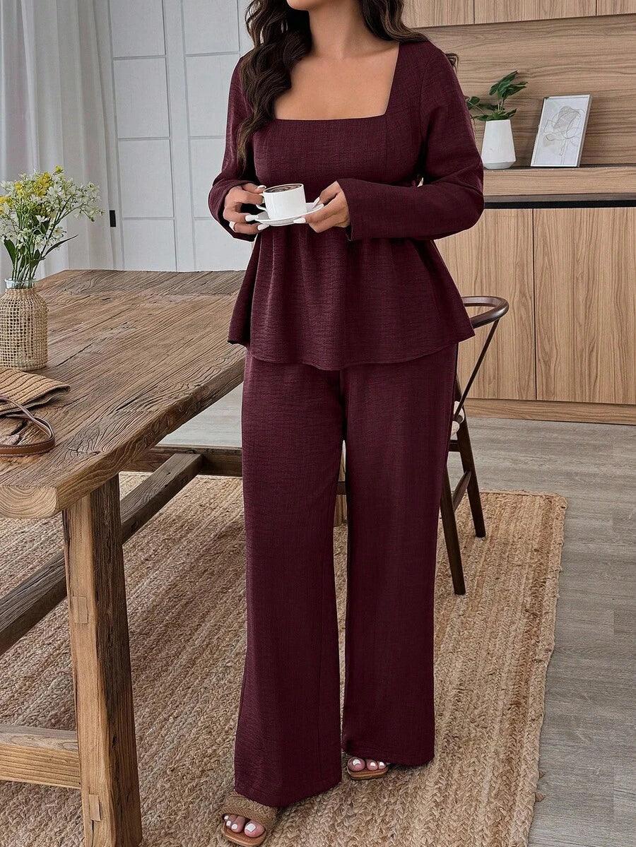 Plus Size Army Green Square Neck Two Piece Set Comfort