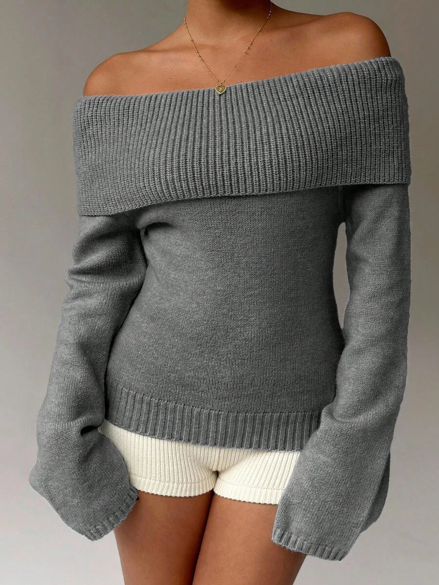 Off Shoulder Foldover Ribbed Knit Jumper