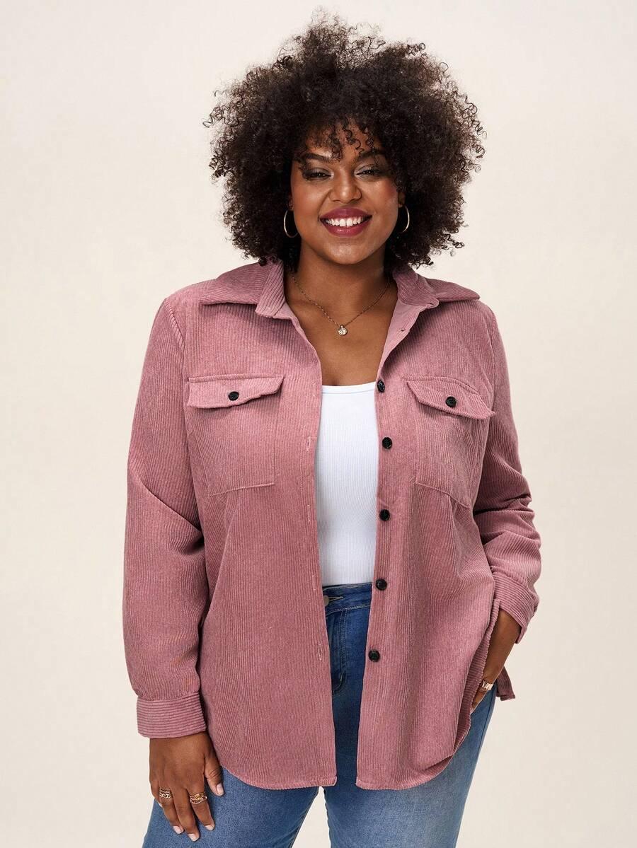 Plus Size Corduroy Shacket Single Breasted Blue Long Sleeve