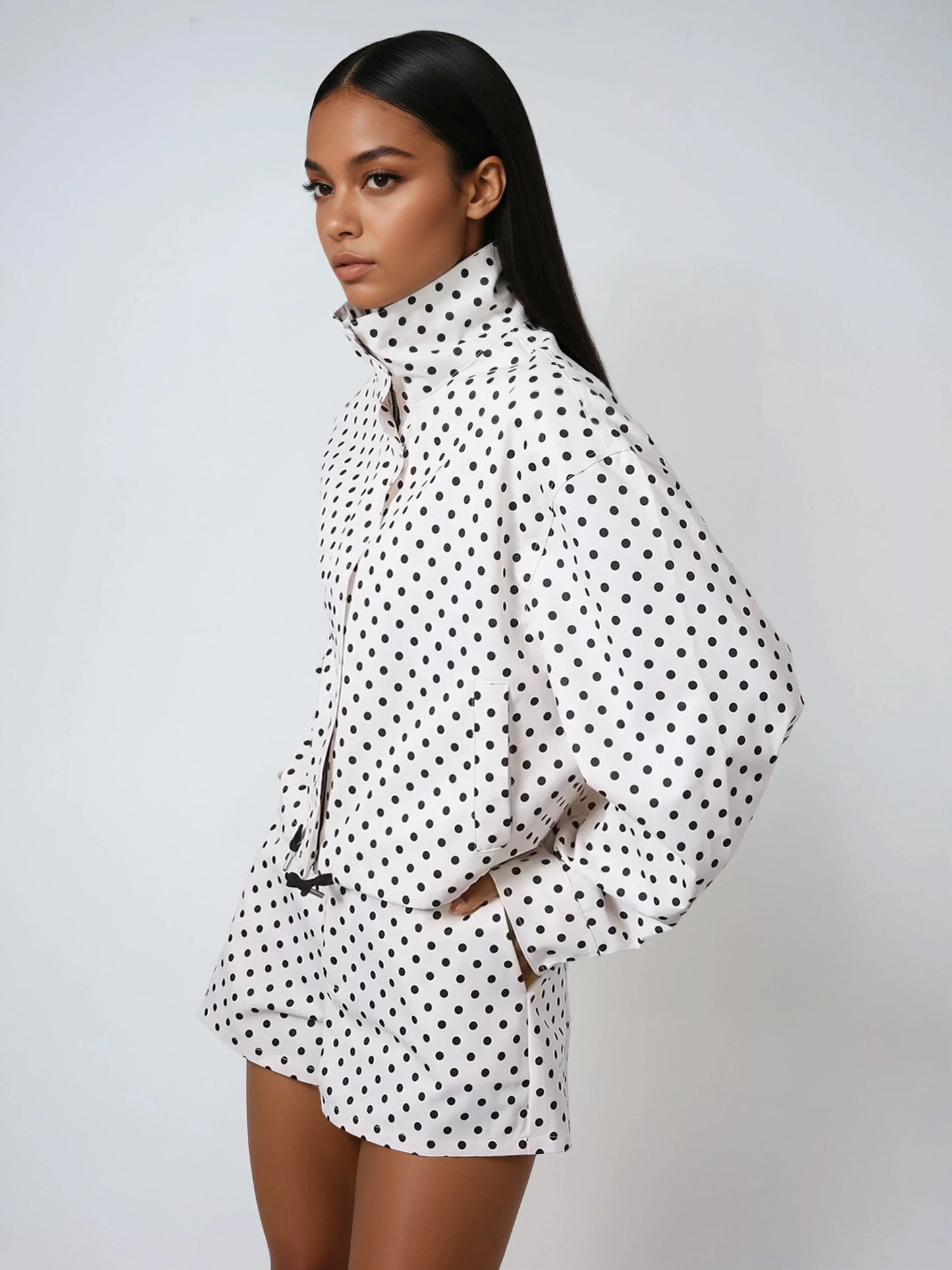 Polka Dot Stand Collar Bomber Jacket For Women Autumn Casual Vintage Streetwear AllSeason