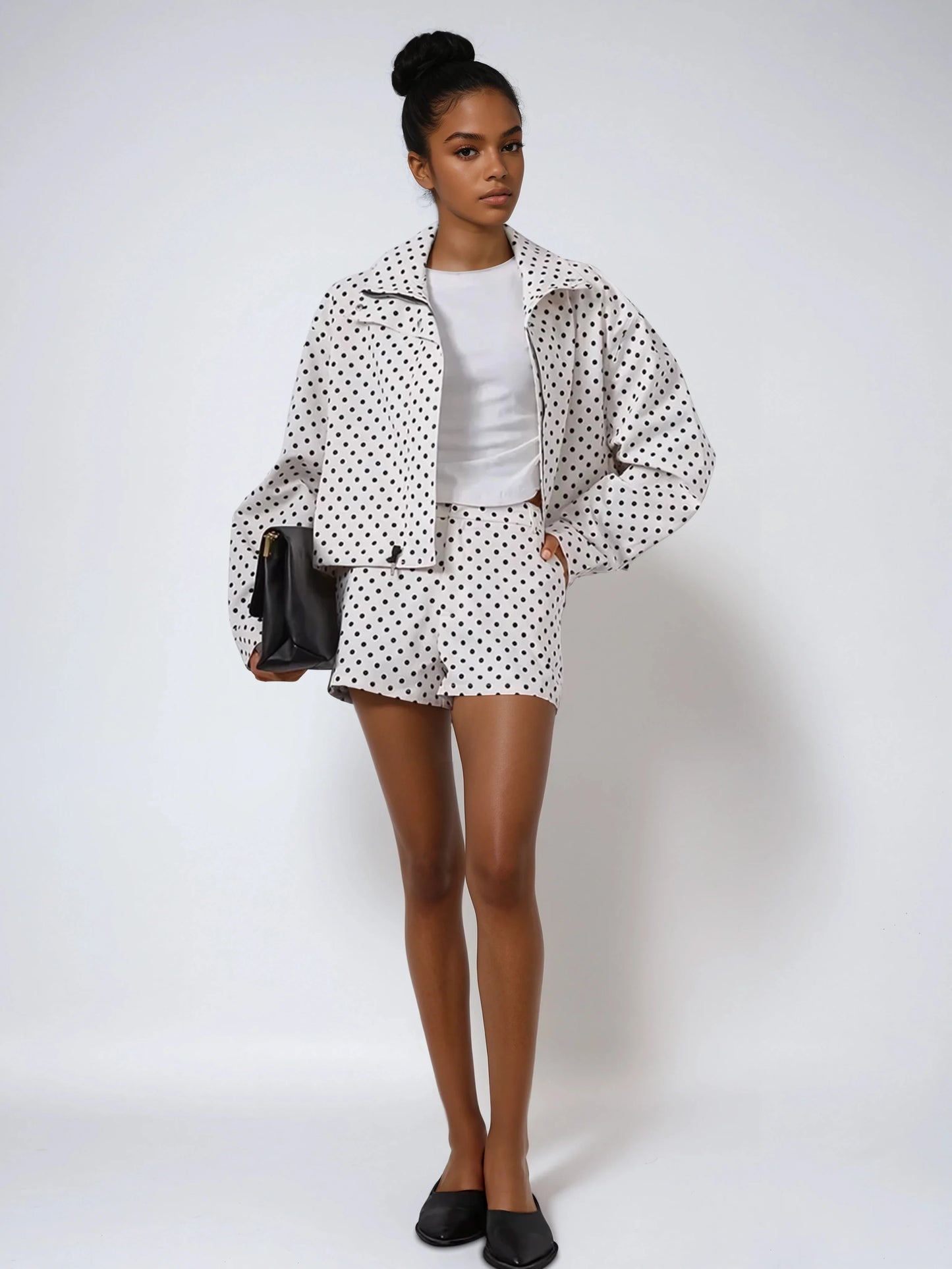 Polka Dot Stand Collar Bomber Jacket For Women Autumn Casual Vintage Streetwear AllSeason