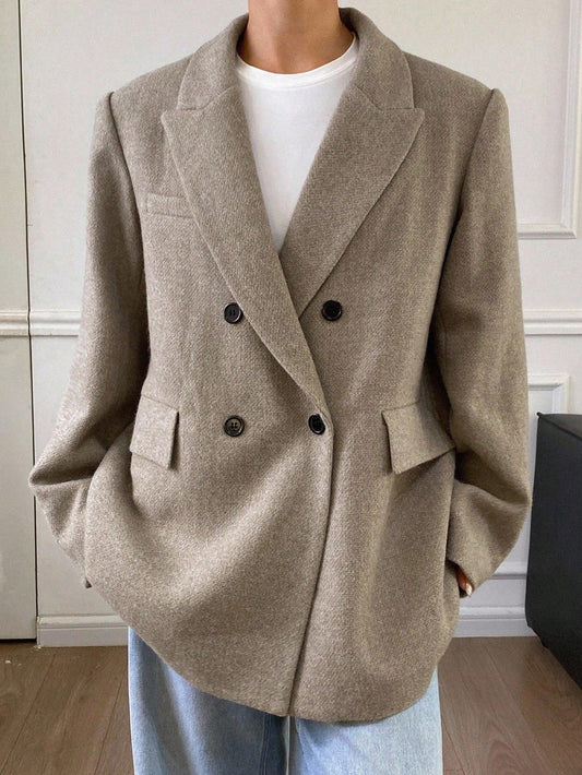 Warm Wool Blend Overcoat Notched Collar Double Breasted