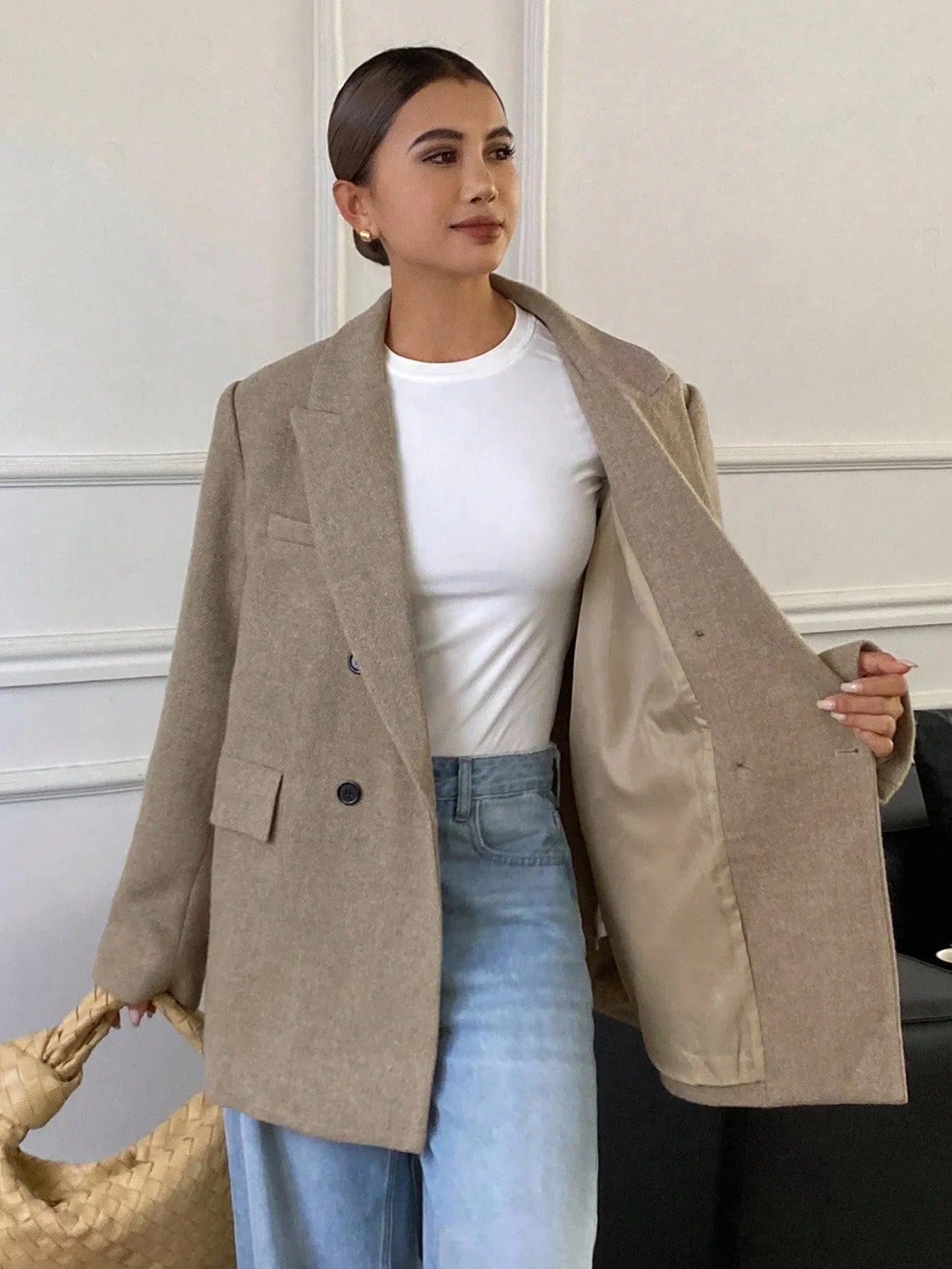 Warm Wool Blend Overcoat Notched Collar Double Breasted