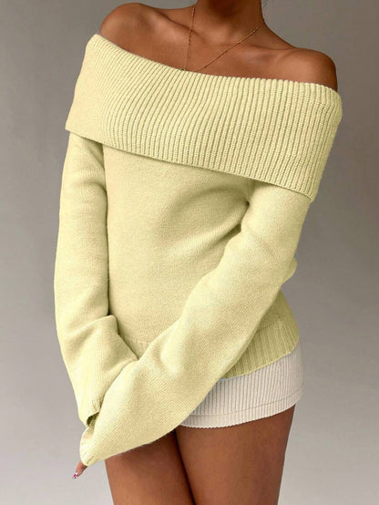 Off Shoulder Foldover Ribbed Knit Jumper