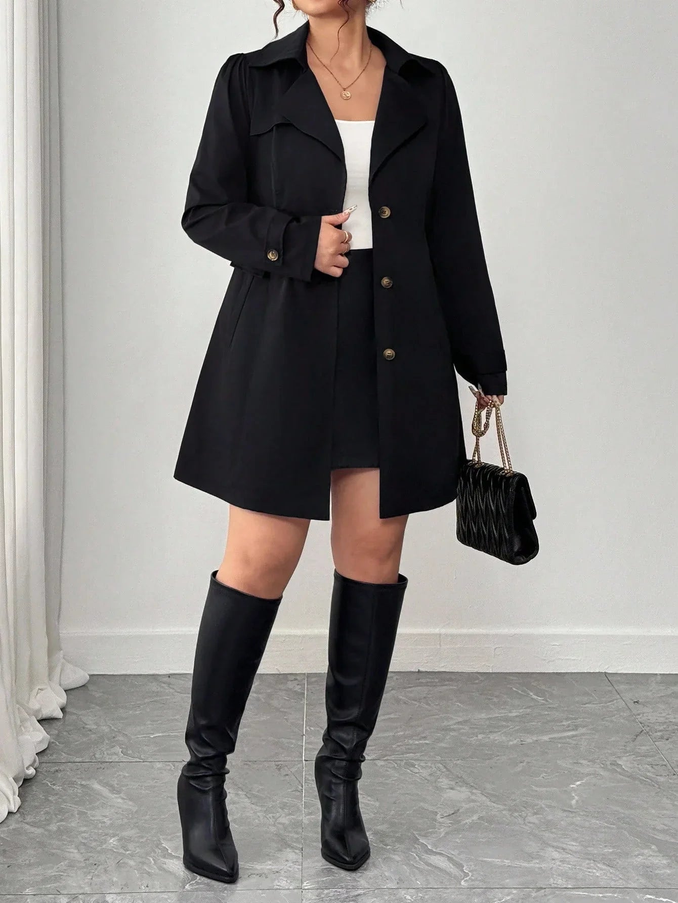 Plus Size Black Trench Coat Lapel Front Elegant Chic
