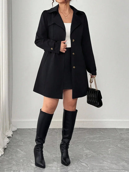 Plus Size Black Trench Coat Lapel Front Elegant Chic
