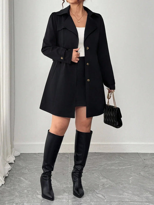 Plus Size Black Trench Coat Lapel Front Elegant Chic