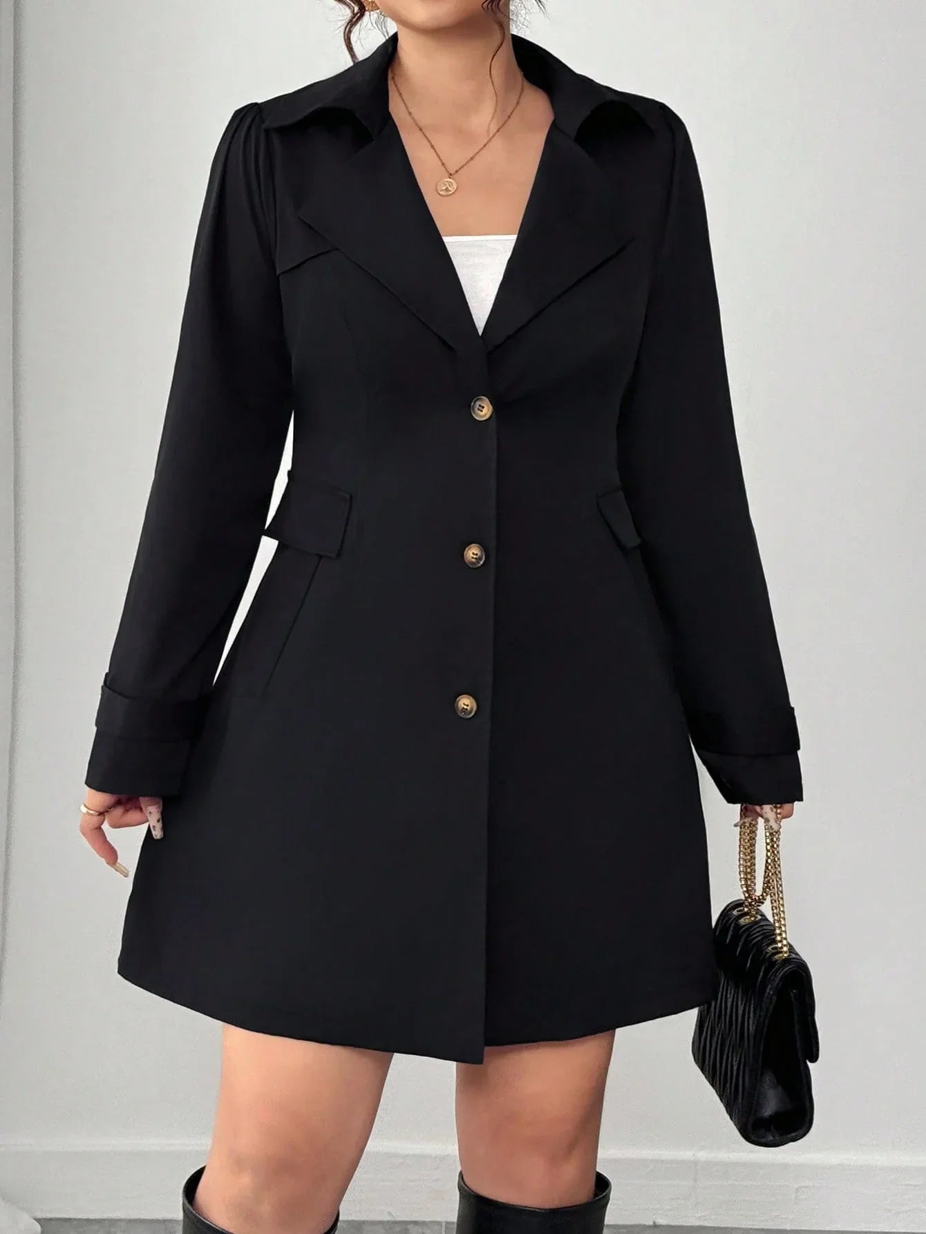 Plus Size Black Trench Coat Lapel Front Elegant Chic