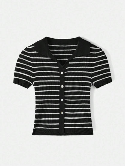 Lined Cashmere Blend Knit Sweater Turndown Collar Stripe