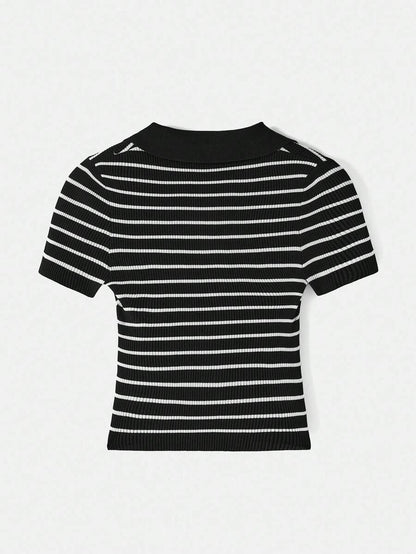 Lined Cashmere Blend Knit Sweater Turndown Collar Stripe