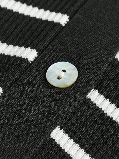 Lined Cashmere Blend Knit Sweater Turndown Collar Stripe